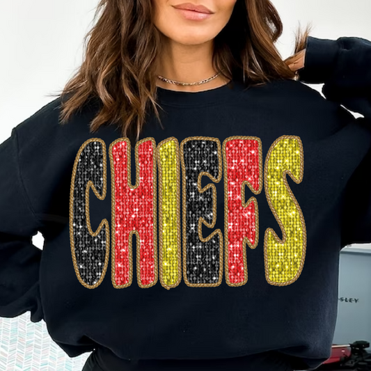 Chiefs png, Chiefs Faux Embroidery Glitter in Red Black and Yellow design png, Sublimation design png