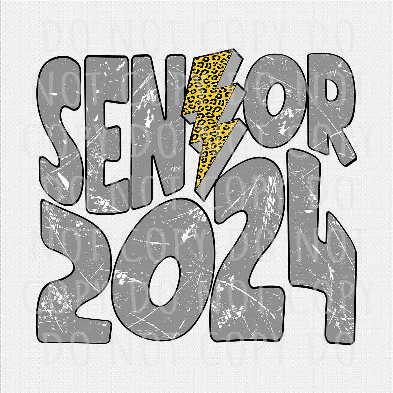 Senior 2024 png, Senior Gray Distressed Letters leopard Lightning bolt design