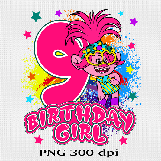 Trolls birthday png 9th birthday png design files digital sublimation print shirt nine birthday custom listing PNG