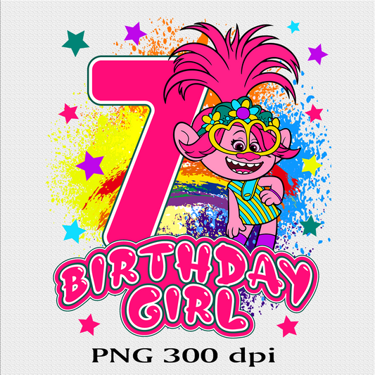 Trolls birthday png 7th birthday png design files digital sublimation print shirt seven birthday custom listing PNG