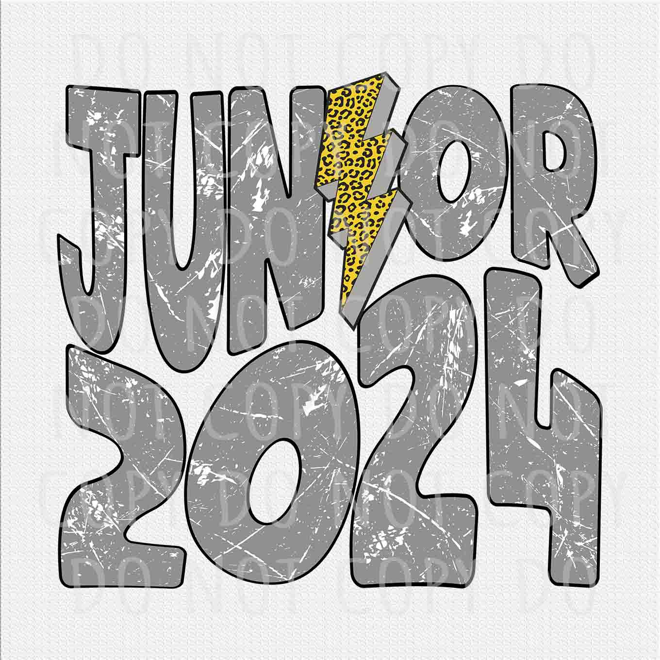 Junior 2024 png, Junior Gray Distressed Letters Leopard Lightning Bolt design