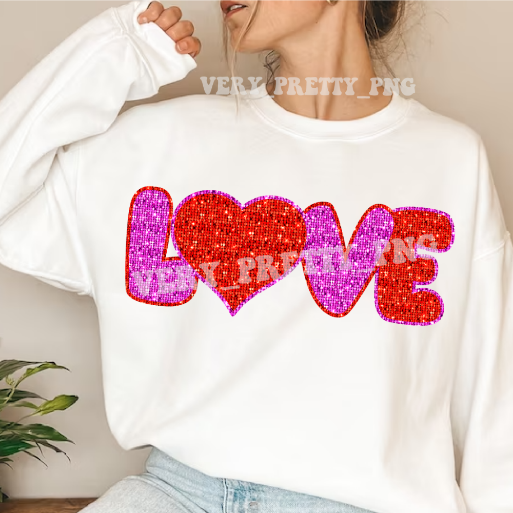 Love with Heart Faux Embroidery Glitter in Red Pink Digital Design PNG