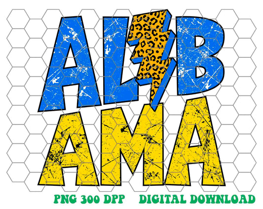 Alabama png, state Alabama Gold Royal Blue Distressed Leopard Lightening Bolt design png, Sublimation design png